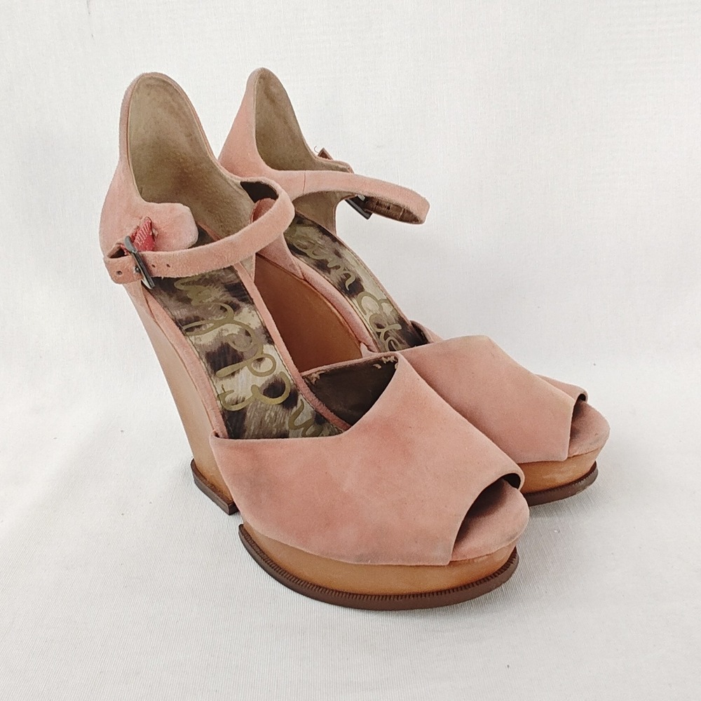 Sam Edelman Javi Platform Wedge Sandal Sculpted Wooden Heel Suede Peach‎ 7